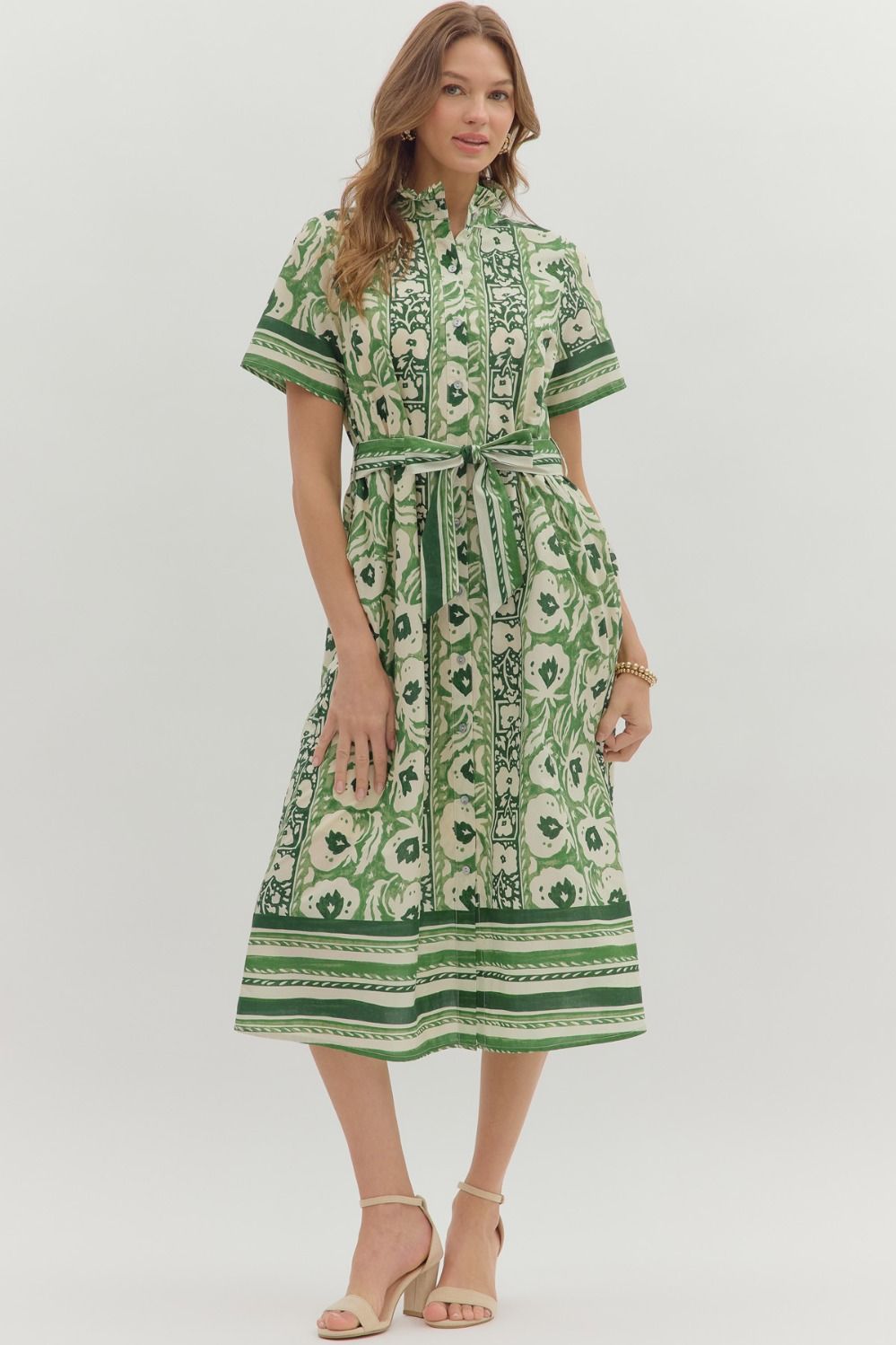 Entro - Floral print short short sleeve midi dress - Green - From Me To You