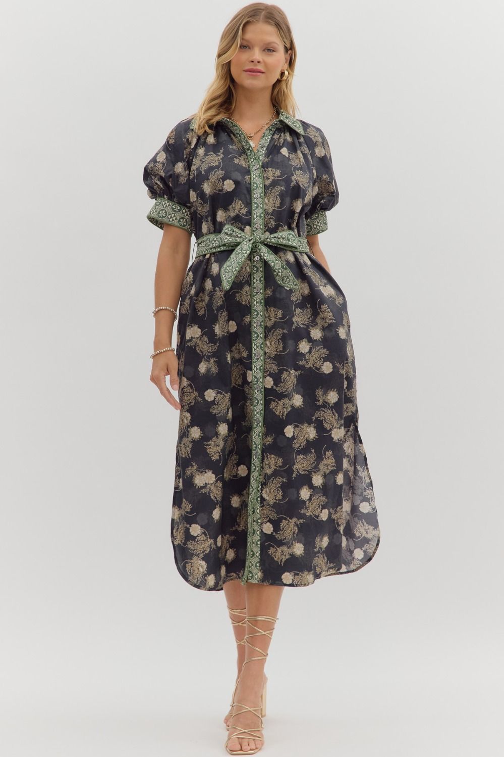 Entro - Floral short puff sleeve shirt midi dress - Navy - From Me To You