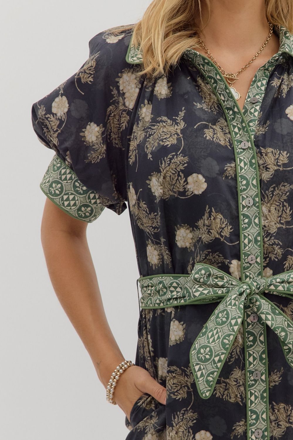 Entro - Floral short puff sleeve shirt midi dress - Navy - From Me To You