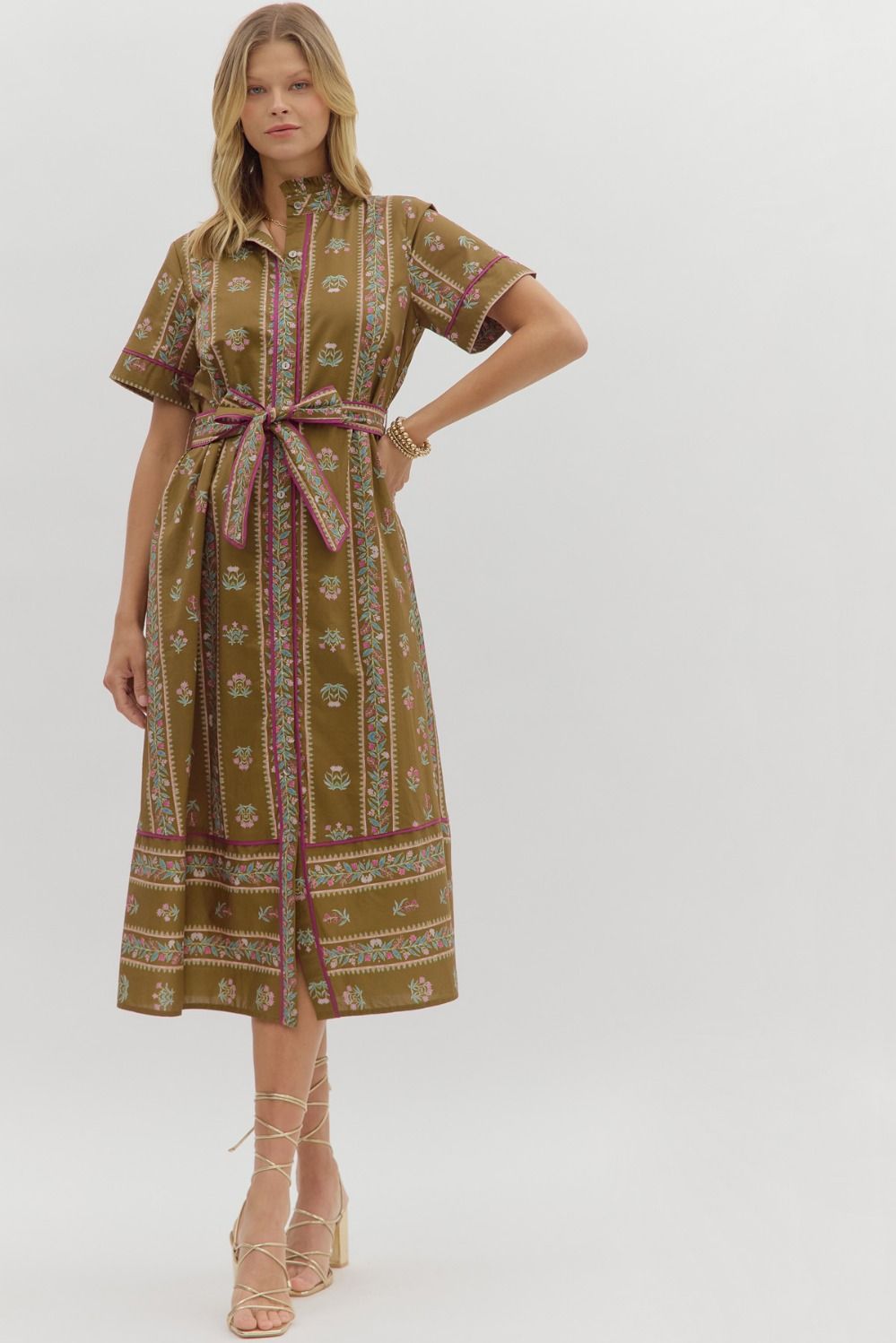 Entro - Linear floral pattern short sleeve pleated ruffle neck - Brown - From Me To You