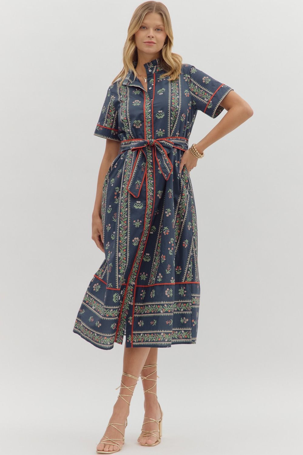 Entro - Linear floral pattern short sleeve pleated ruffle neck - Navy - From Me To You