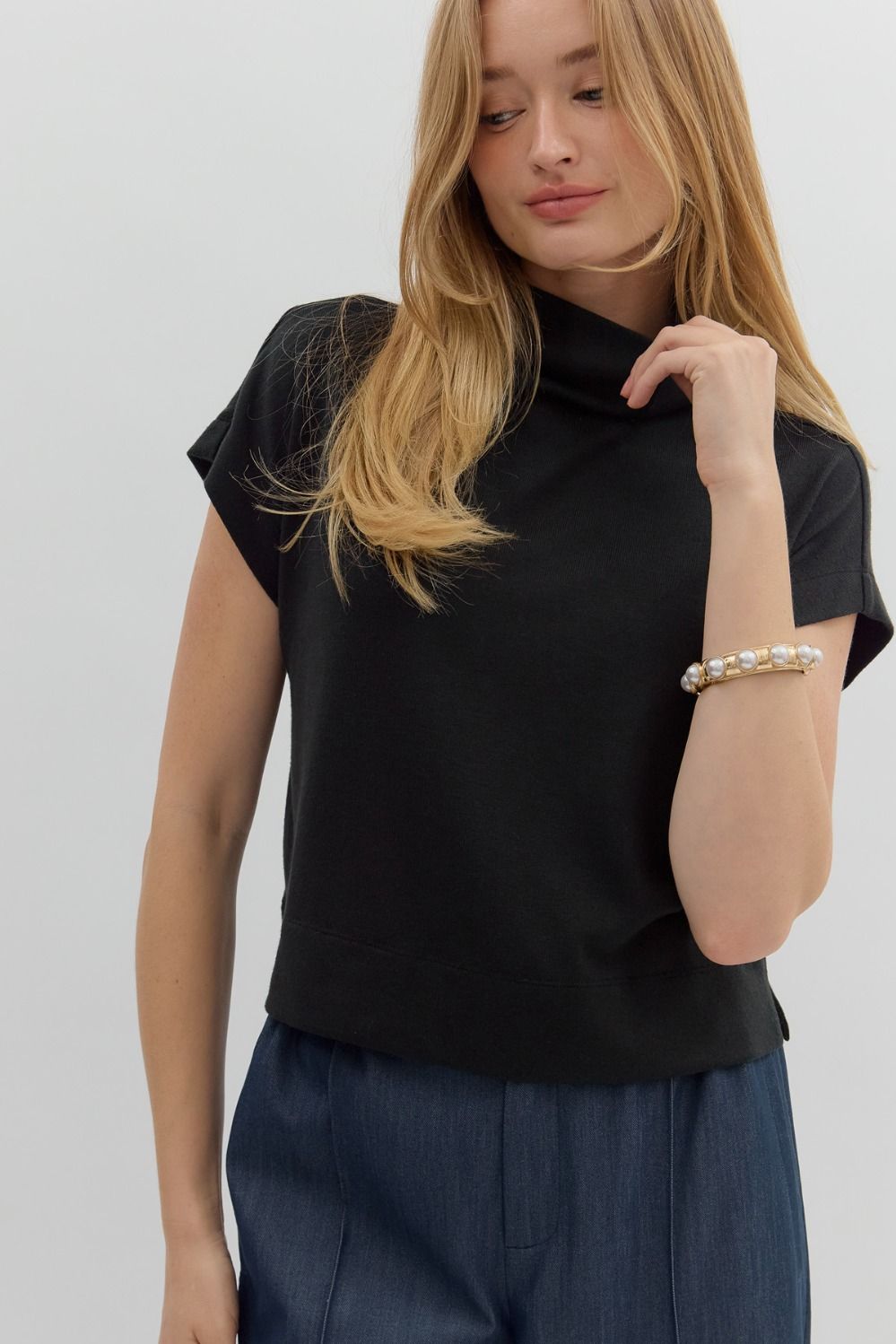 Entro - Mock Neck Pullover Top - Black - From Me To You