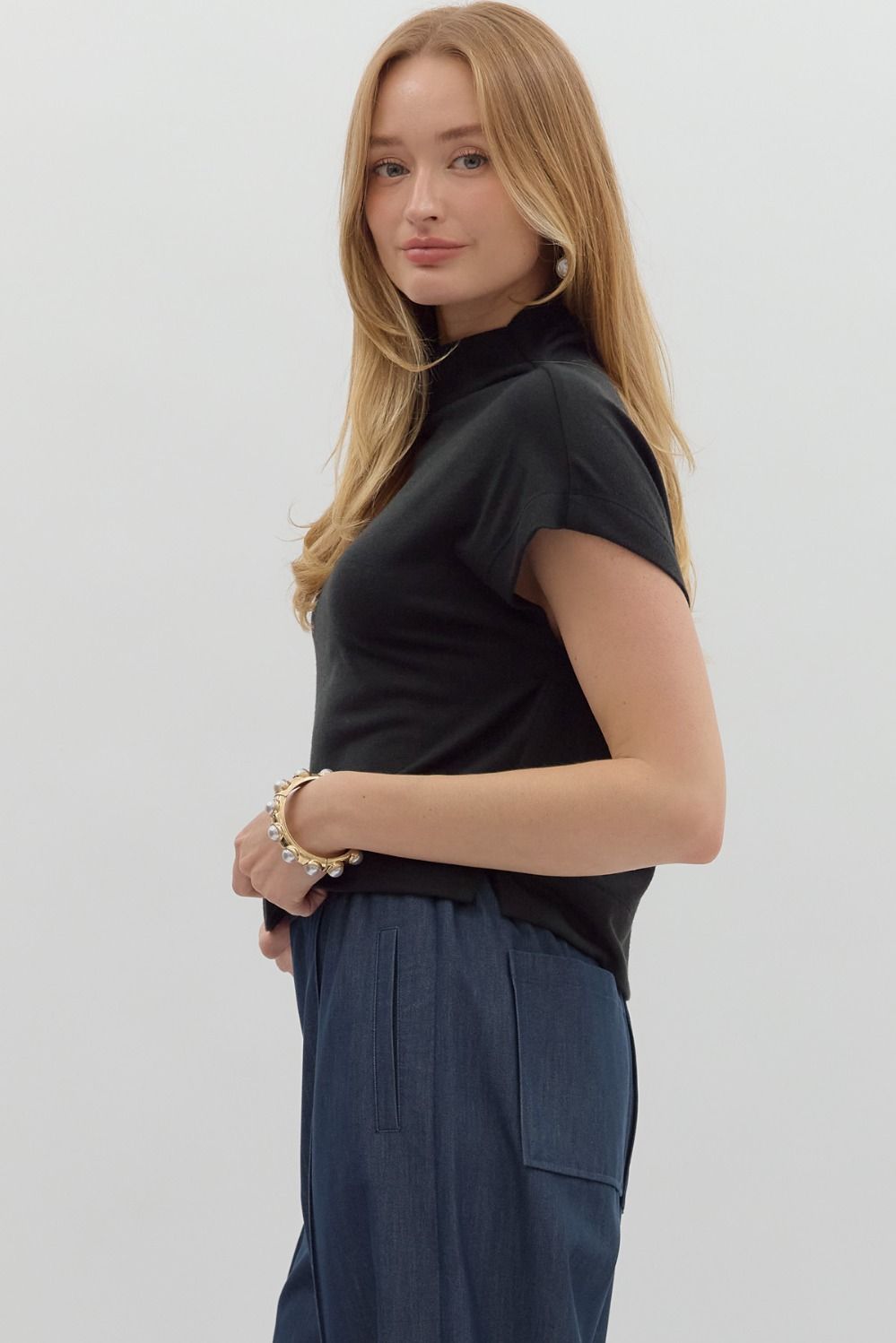 Entro - Mock Neck Pullover Top - Black - From Me To You