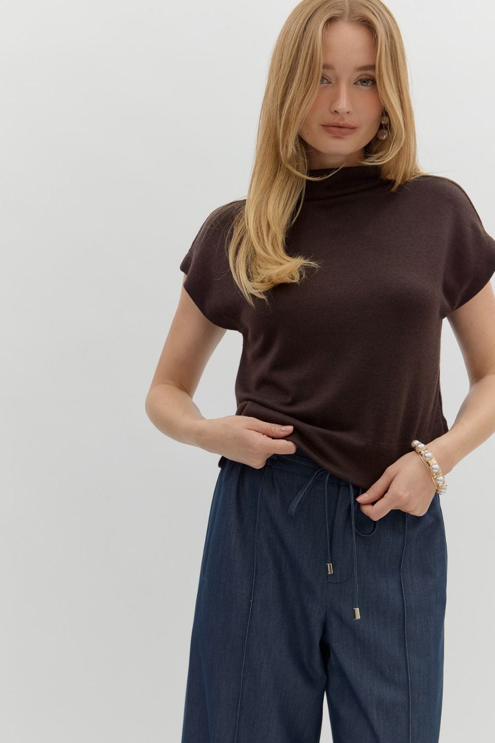 Entro - Mock Neck Pullover Top - Brown - From Me To You