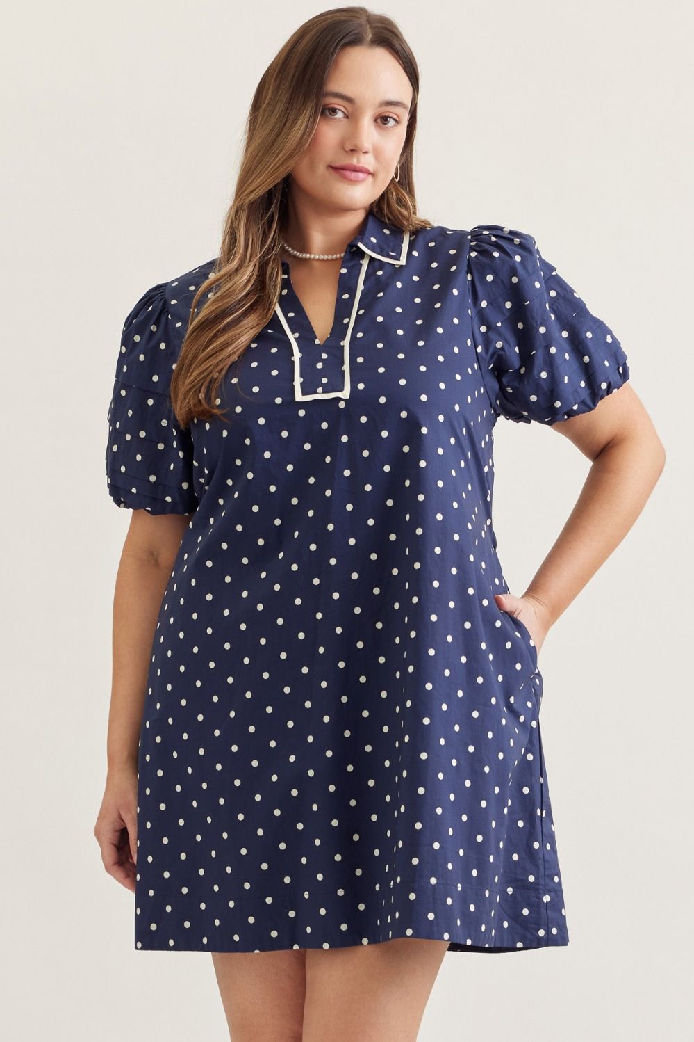 Entro - Navy Polka Dot Short Sleeve Dress - From Me To You
