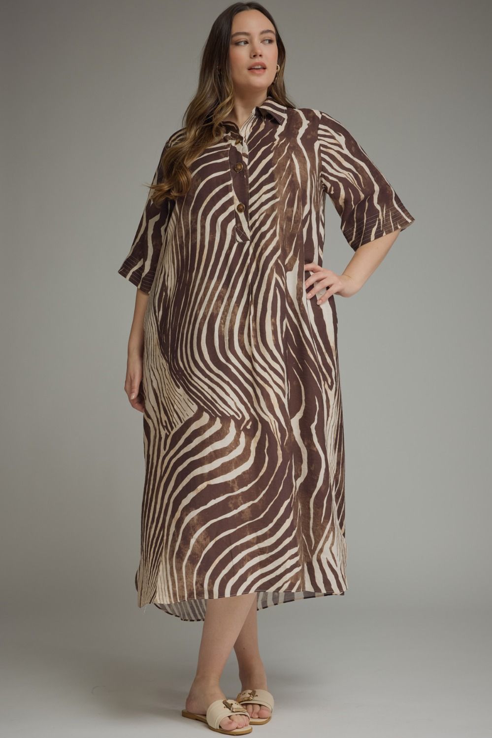 Entro-Plus Size-Abstract zebra print elbow sleeve midi dress-Brown - From Me To You