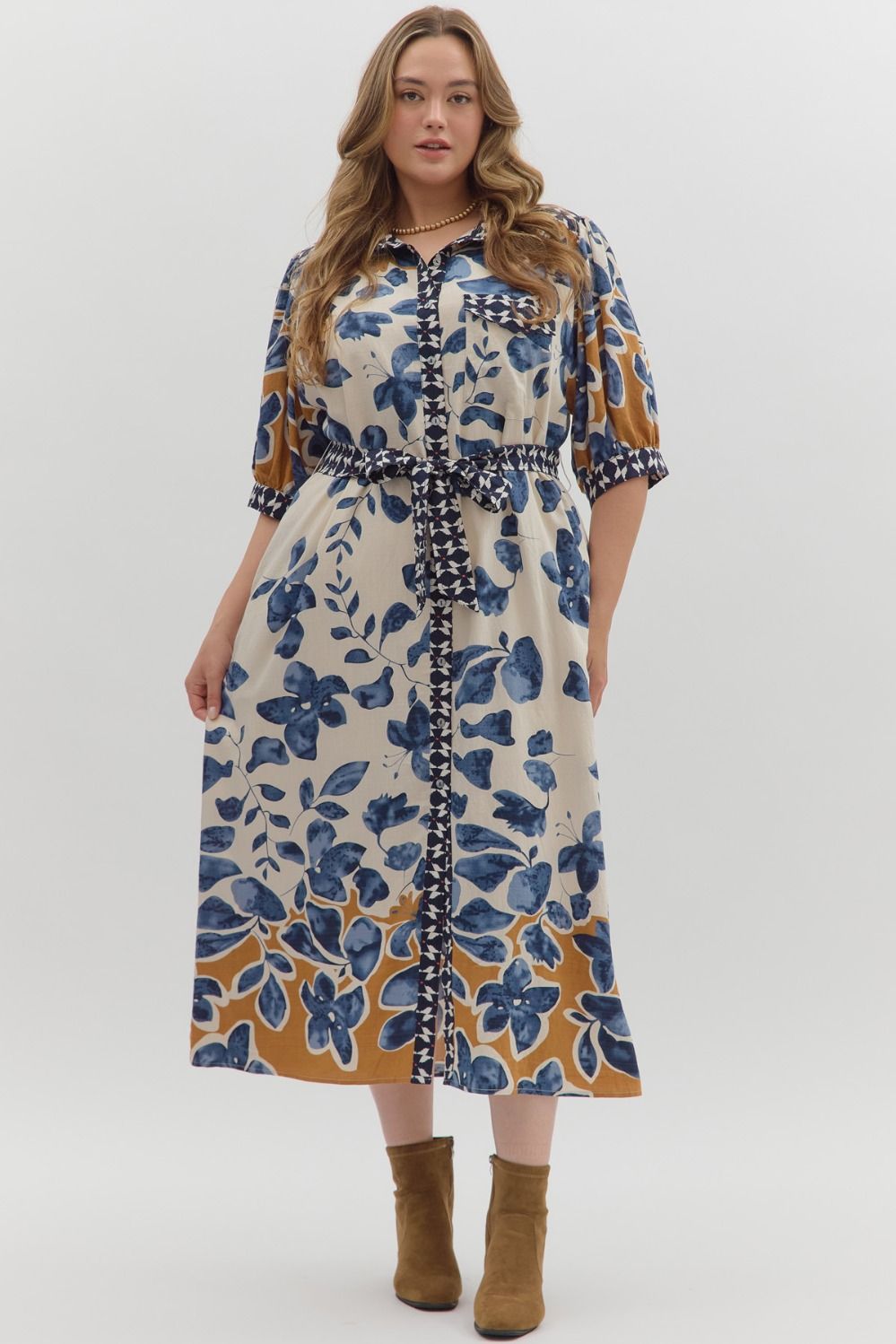 Entro - PLUS SIZE - Botanical print ¾ sleeve midi shirt dress - SLATE BLUE - From Me To You