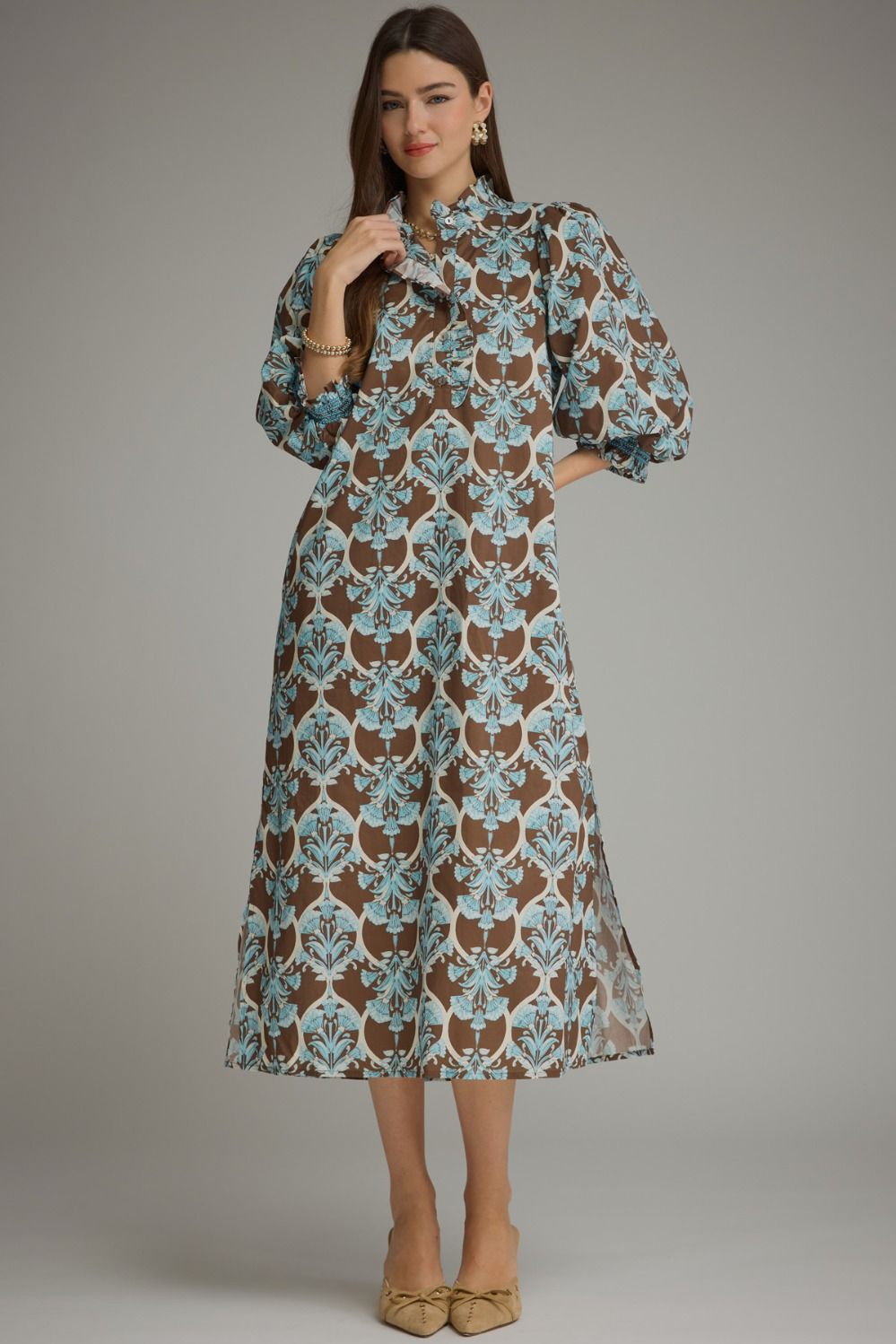 Entro-Plus Size-Printed ¾ balloon sleeve midi dress-Brown - From Me To You