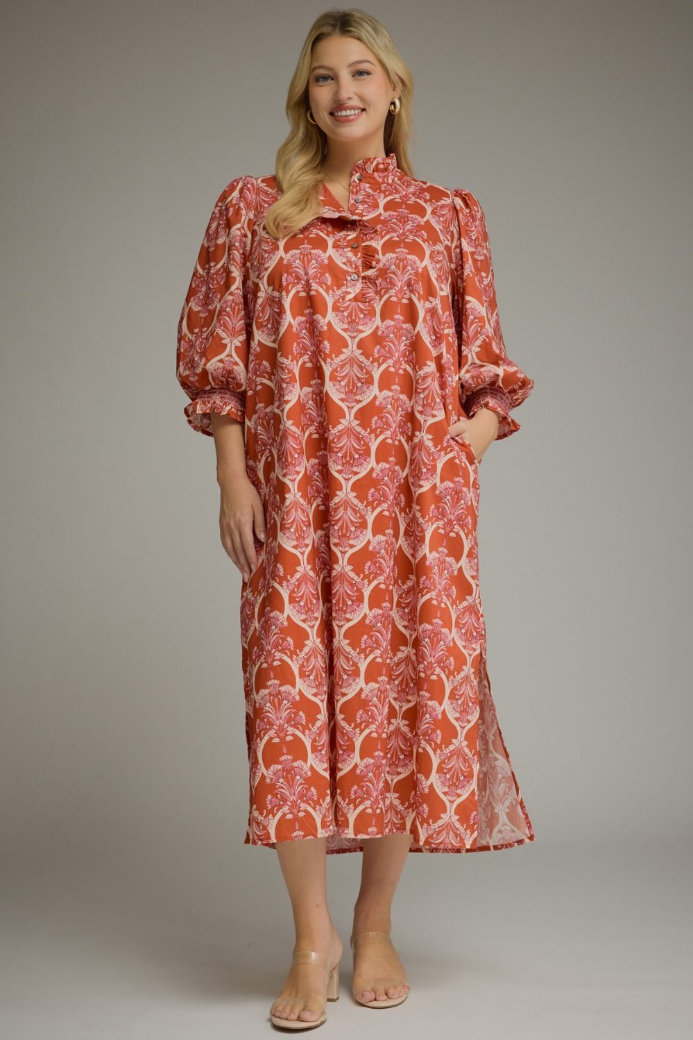 Entro-Plus Size-Printed ¾ balloon sleeve midi dress-Rust - From Me To You