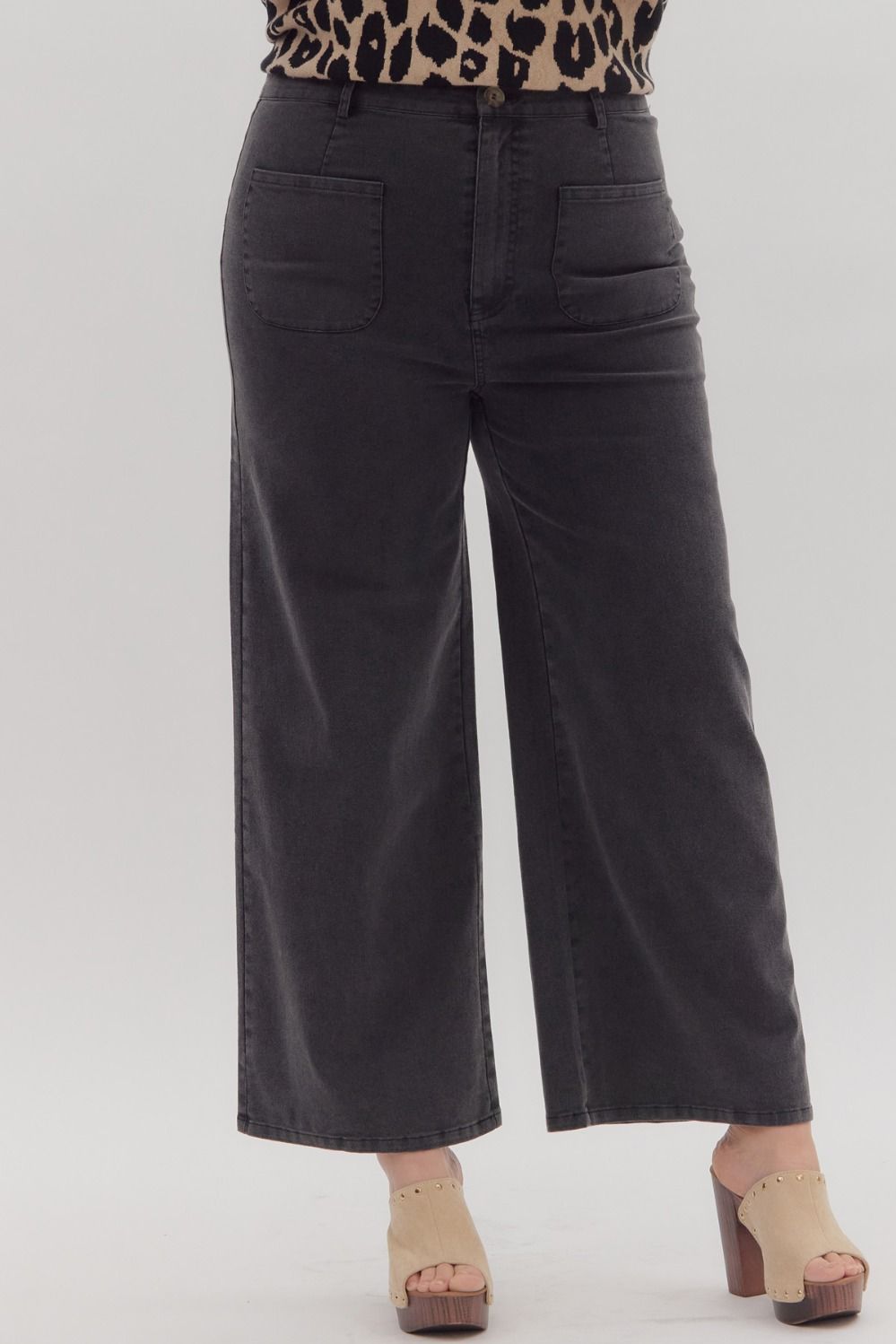 Entro - PLUS SIZE_Solid high waisted wide leg ankle length pants - Black - From Me To You