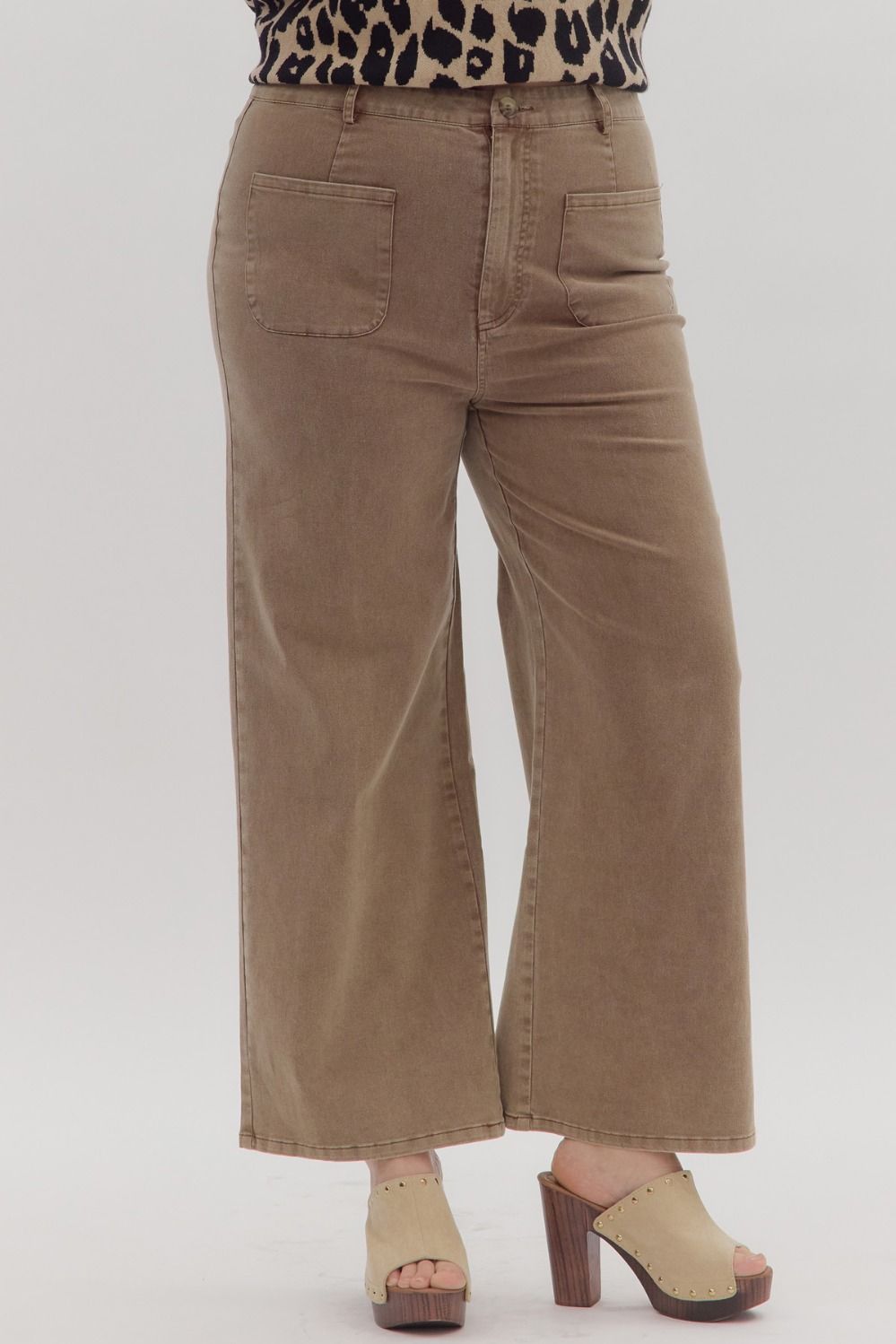 Entro - PLUS SIZE - Solid high waisted wide leg ankle length pants - Brown - From Me To You