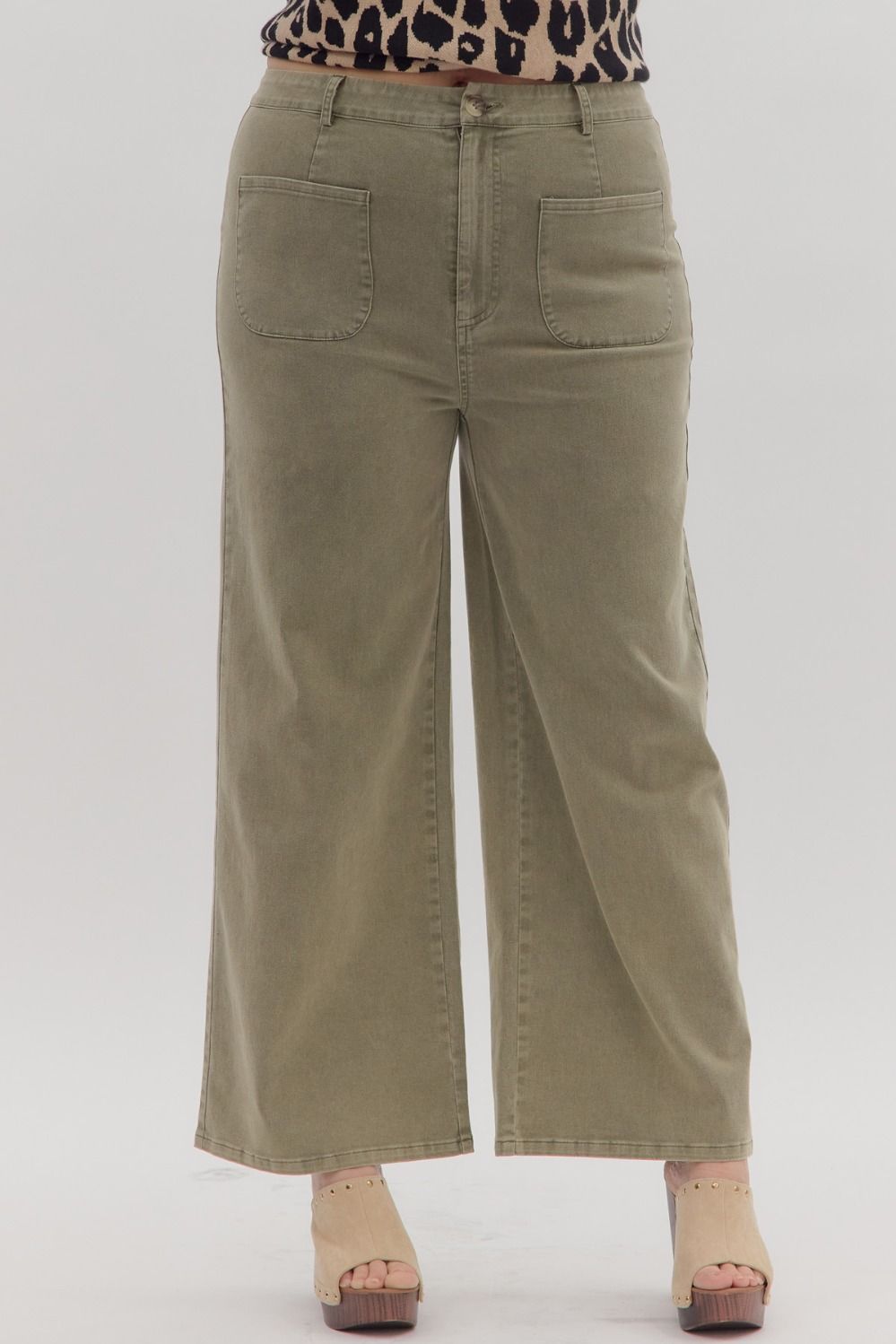 Entro - PLUS SIZE - Solid high waisted wide leg ankle length pants - Olive - From Me To You