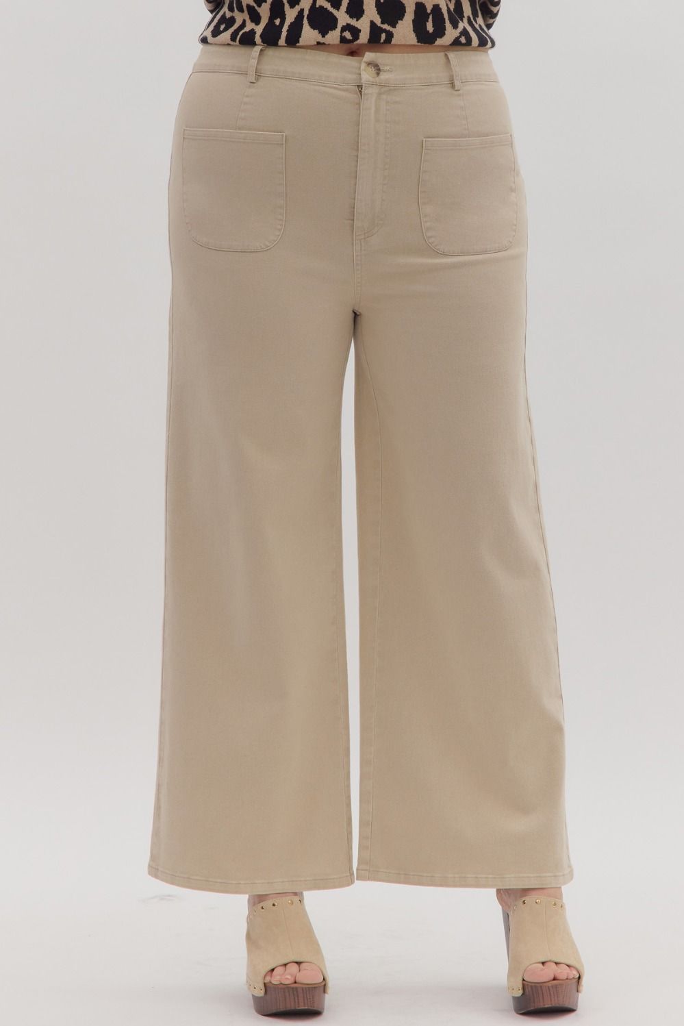 Entro - PLUS SIZE_Solid high waisted wide leg ankle length pants - Stone - From Me To You