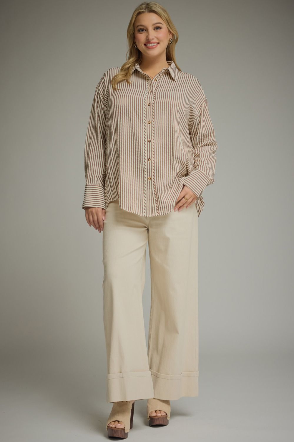 Entro-Plus Size-Striped long sleeve button-down top-Brown - From Me To You