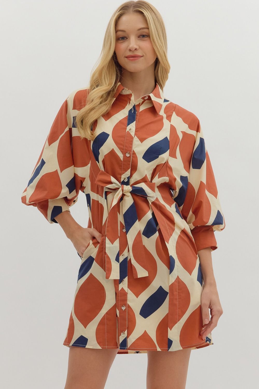Entro - Printed 3/4 sleeve mini dress w/ self - tie waist D28613 - Ecru Rust - From Me To You