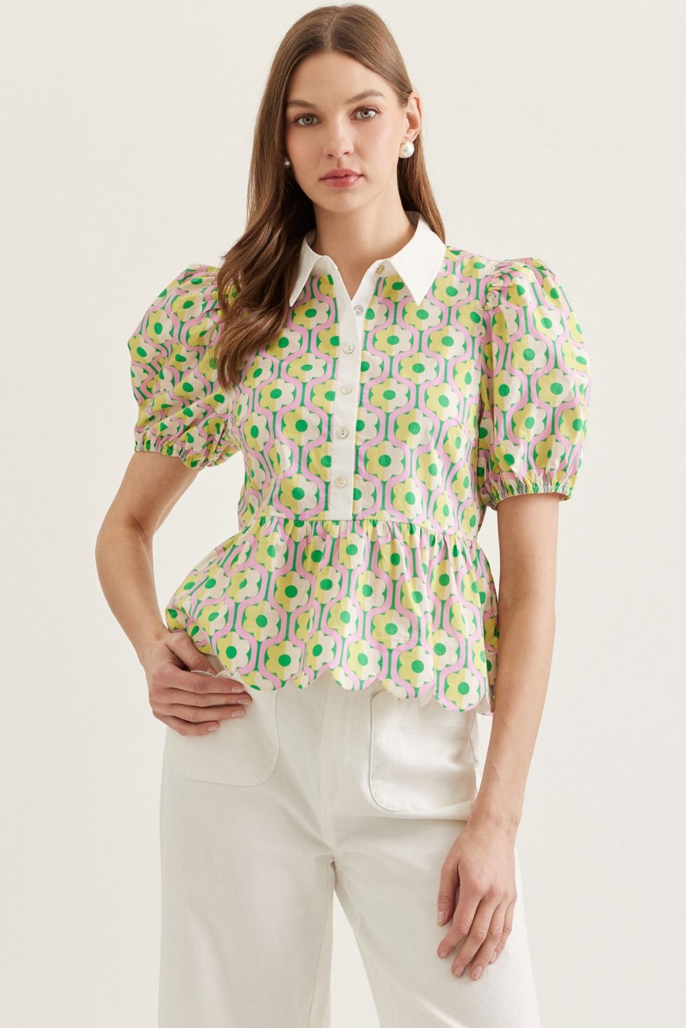 Entro - Printed puff short sleeve peplum top - CHARTREUSE - From Me To You
