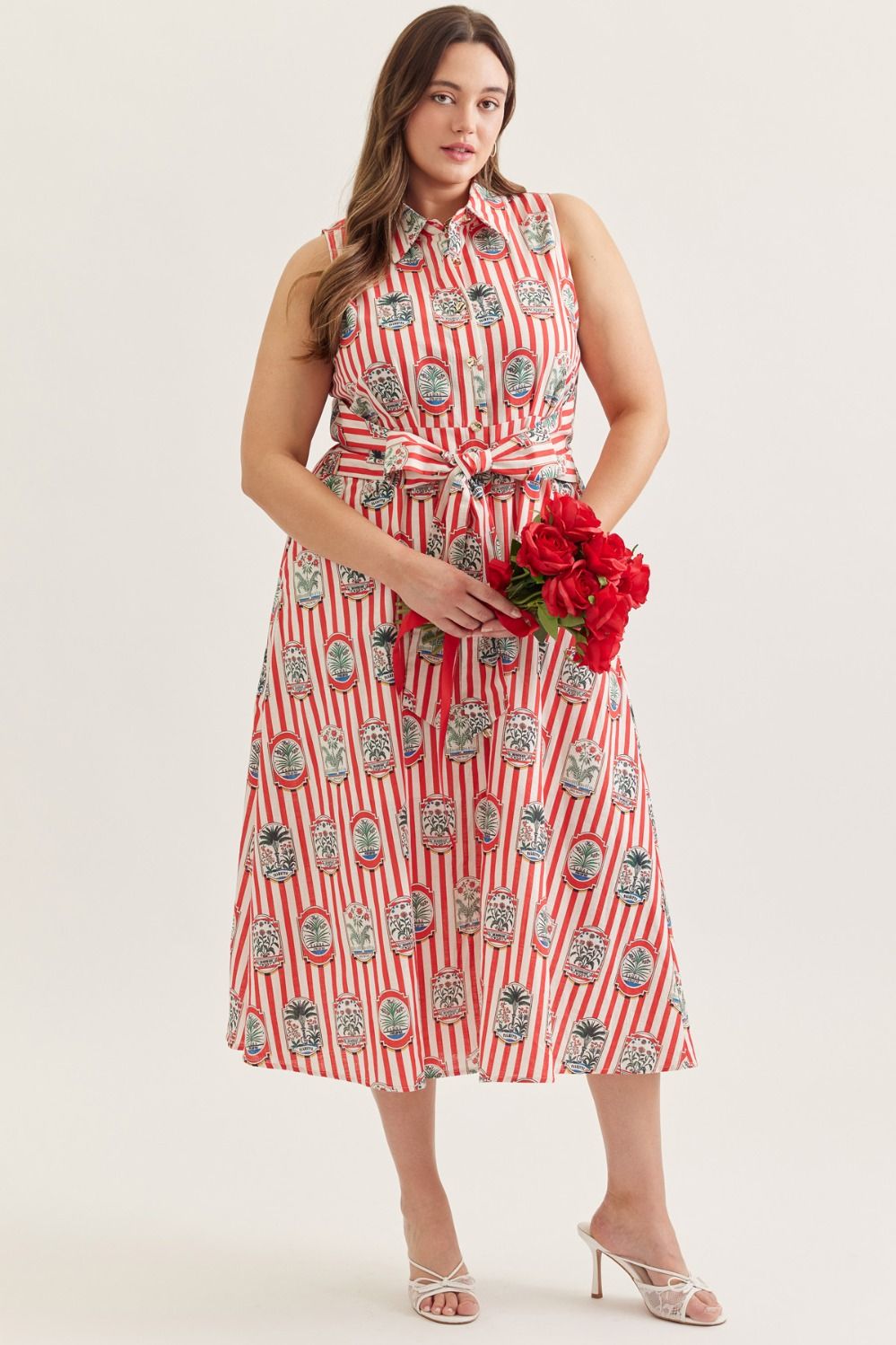 Entro - Printed sleeveless midi dress - Red w/Framed Floral Icons - From Me To You