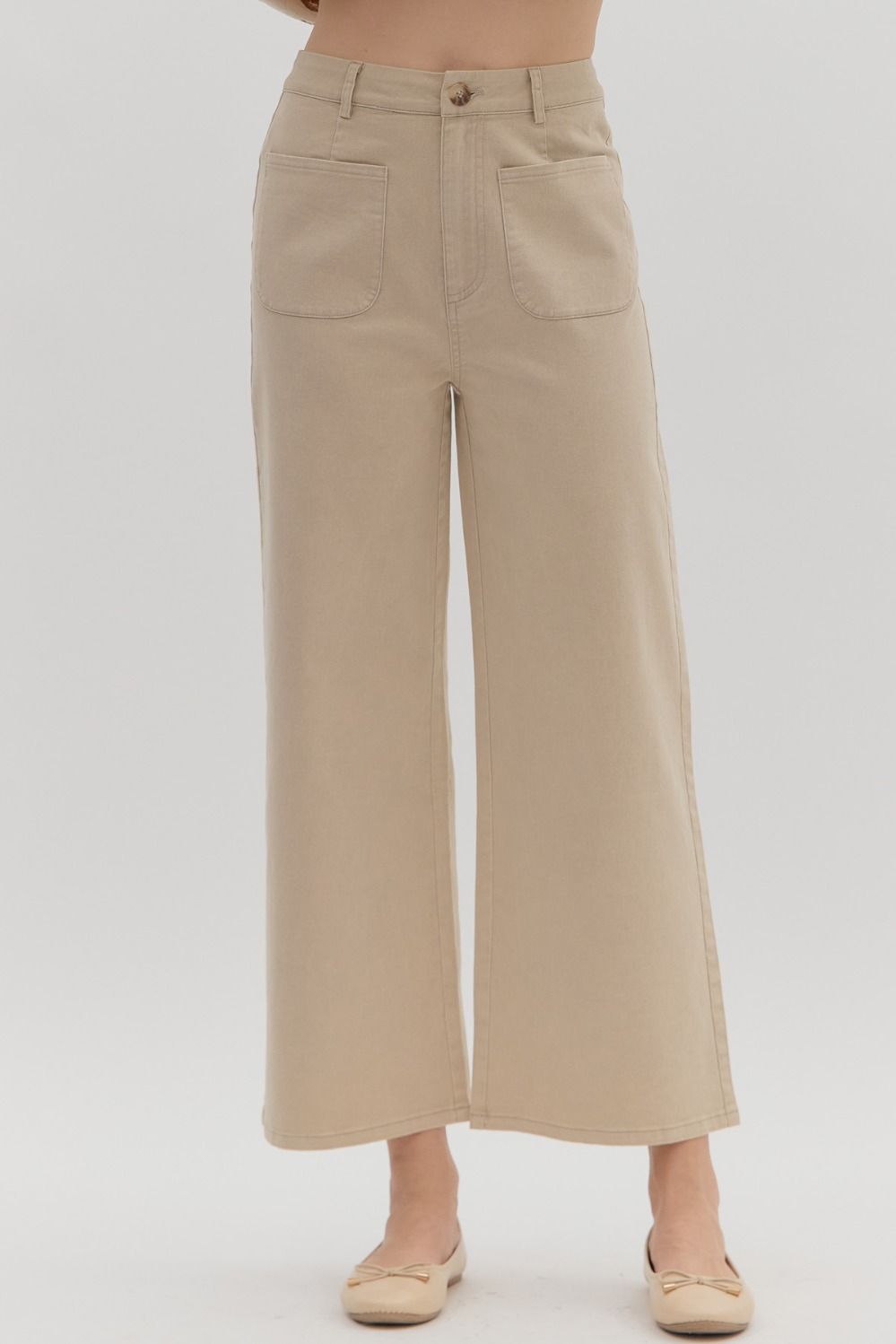 Entro - Solid high waisted wide leg ankle length pants - Stone - From Me To You