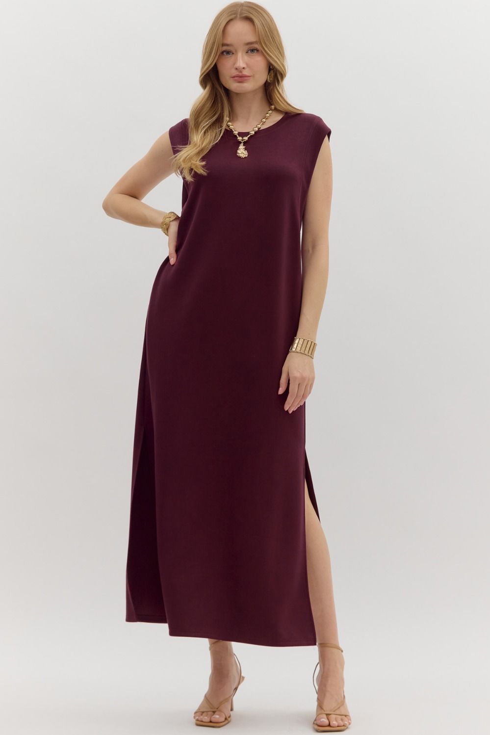 Entro - Solid jersey knit pullover midi dress - Wine - From Me To You