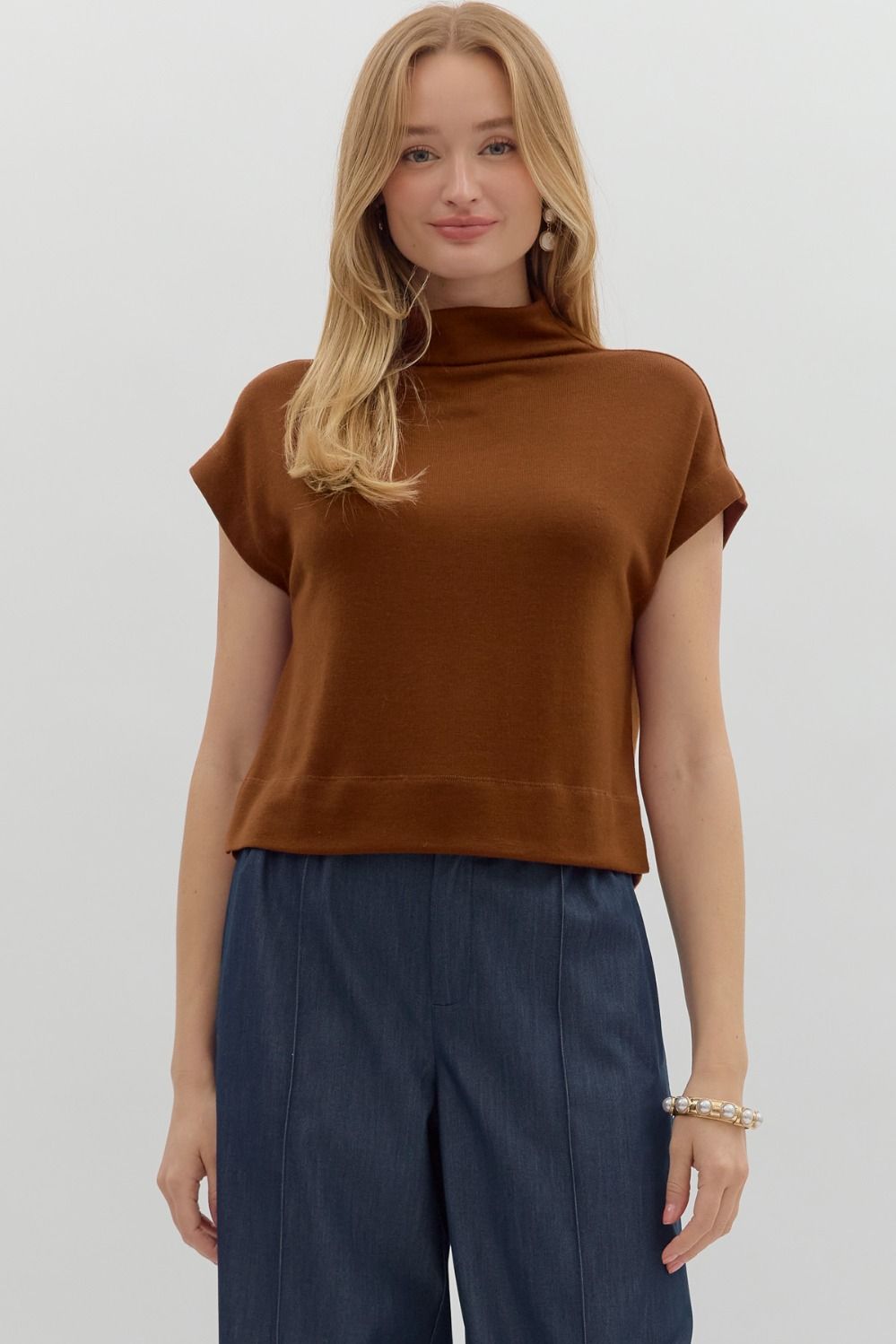 Entro - Solid knit mock neck pullover top - Rust - From Me To You