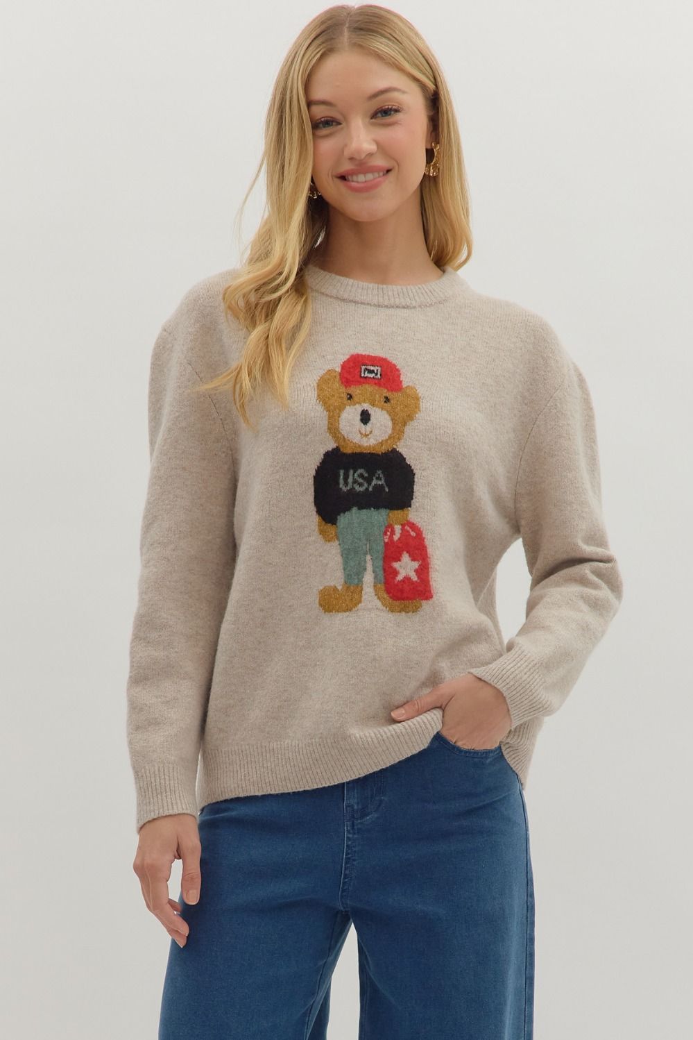 Entro - Solid long sleeve sweater knit top featuring bear graphic at front - Oatmeal - From Me To You