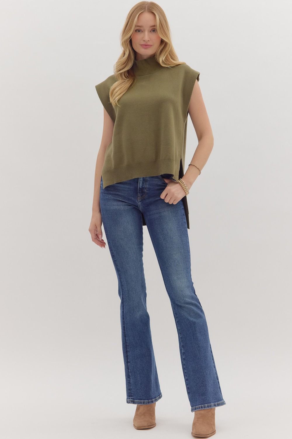 Entro - Solid Mock Neck Hi - Lo Sweater - Olive - From Me To You