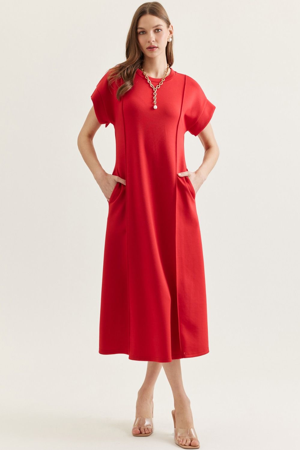 Entro - Solid Red Short Sleeve Midi Dress - From Me To You