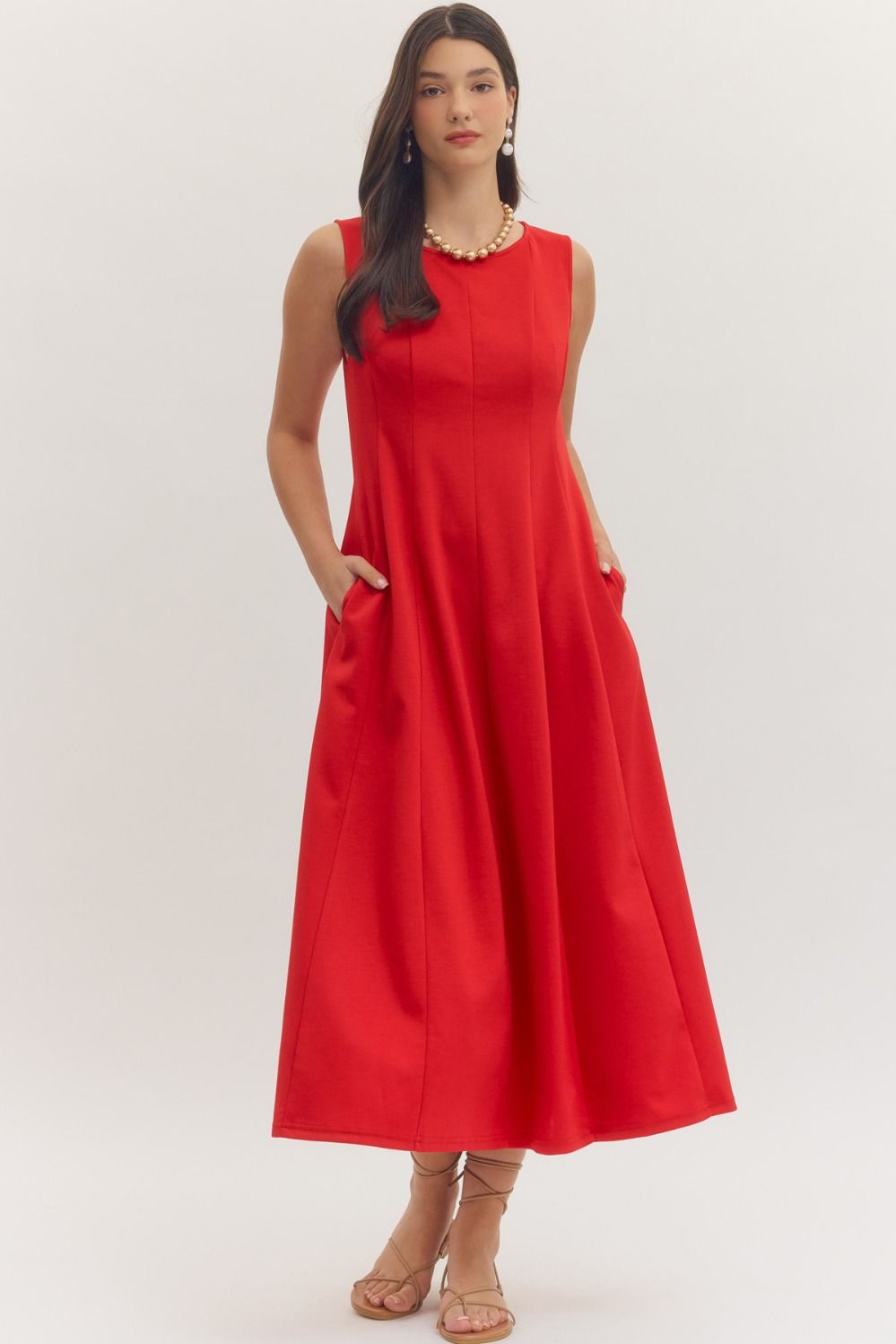 Entro - Solid Red Sleeveless Midi Dress - From Me To You