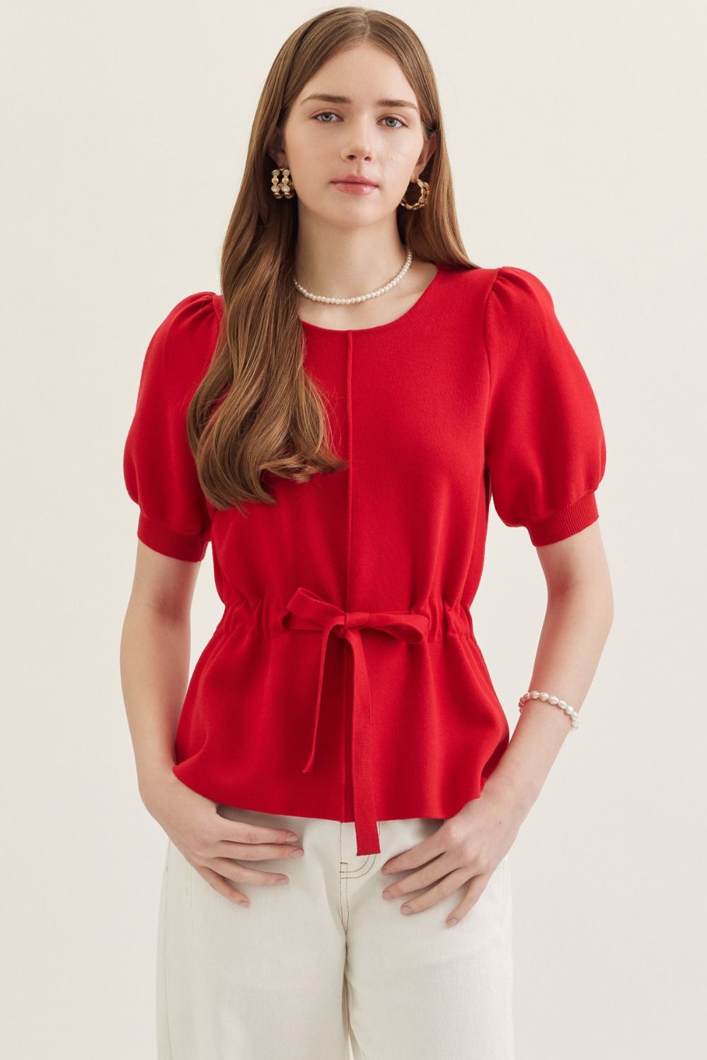 Entro - Solid short puff sleeve knit top - Red - From Me To You