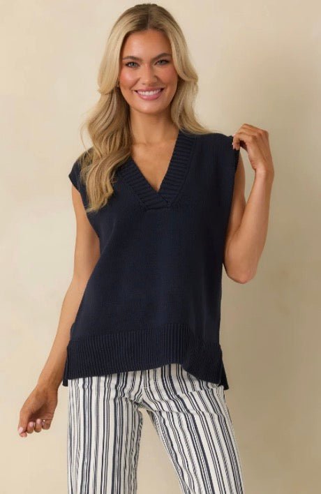Entro - Solid sleeveless V - neck sweater Vest - Navy - From Me To You