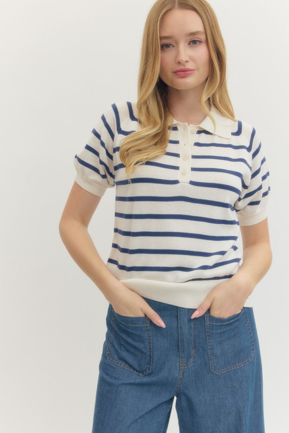Entro - Striped short puff sleeve knit top - Ivory - From Me To You