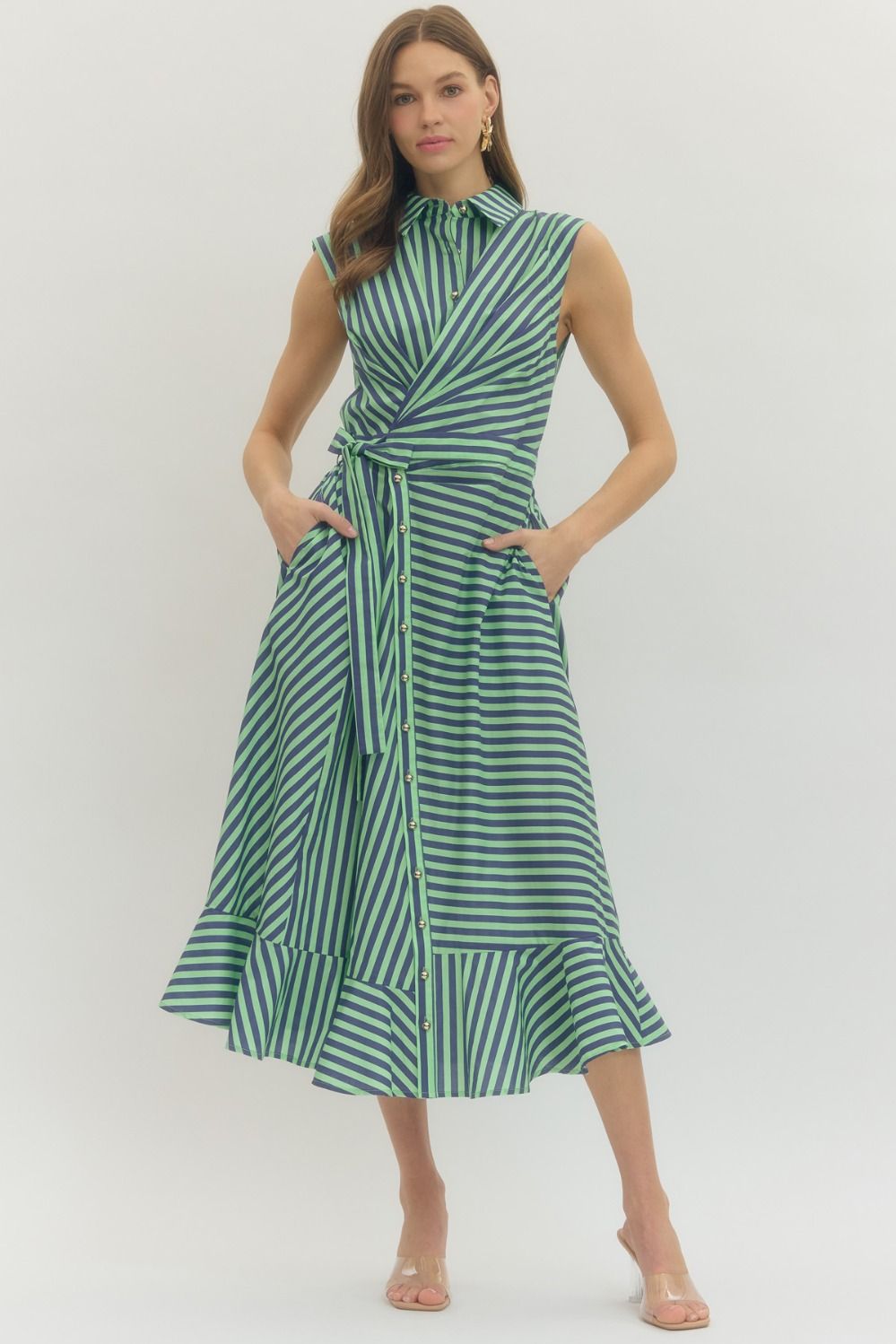 Entro - Striped sleeveless Wrap midi dress - Mint Navy - From Me To You
