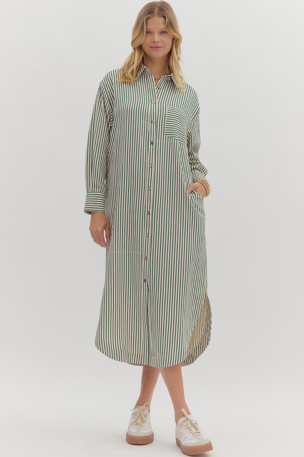 Entro - Textured stripe pattern long sleeve midi shirt dress - Hunter Green - From Me To You