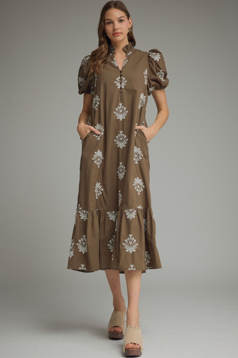 Entro-Botanical embroidery short puff sleeve midi dress-Brown