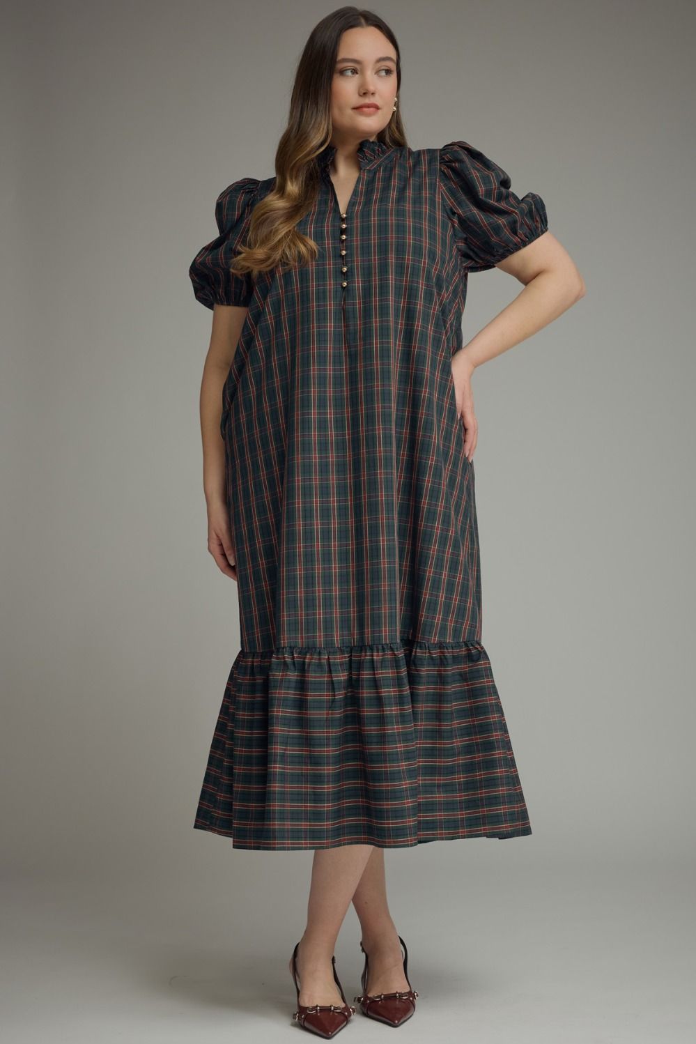 Entro-Plus Size-Plaid short puff sleeve midi dress-Green
