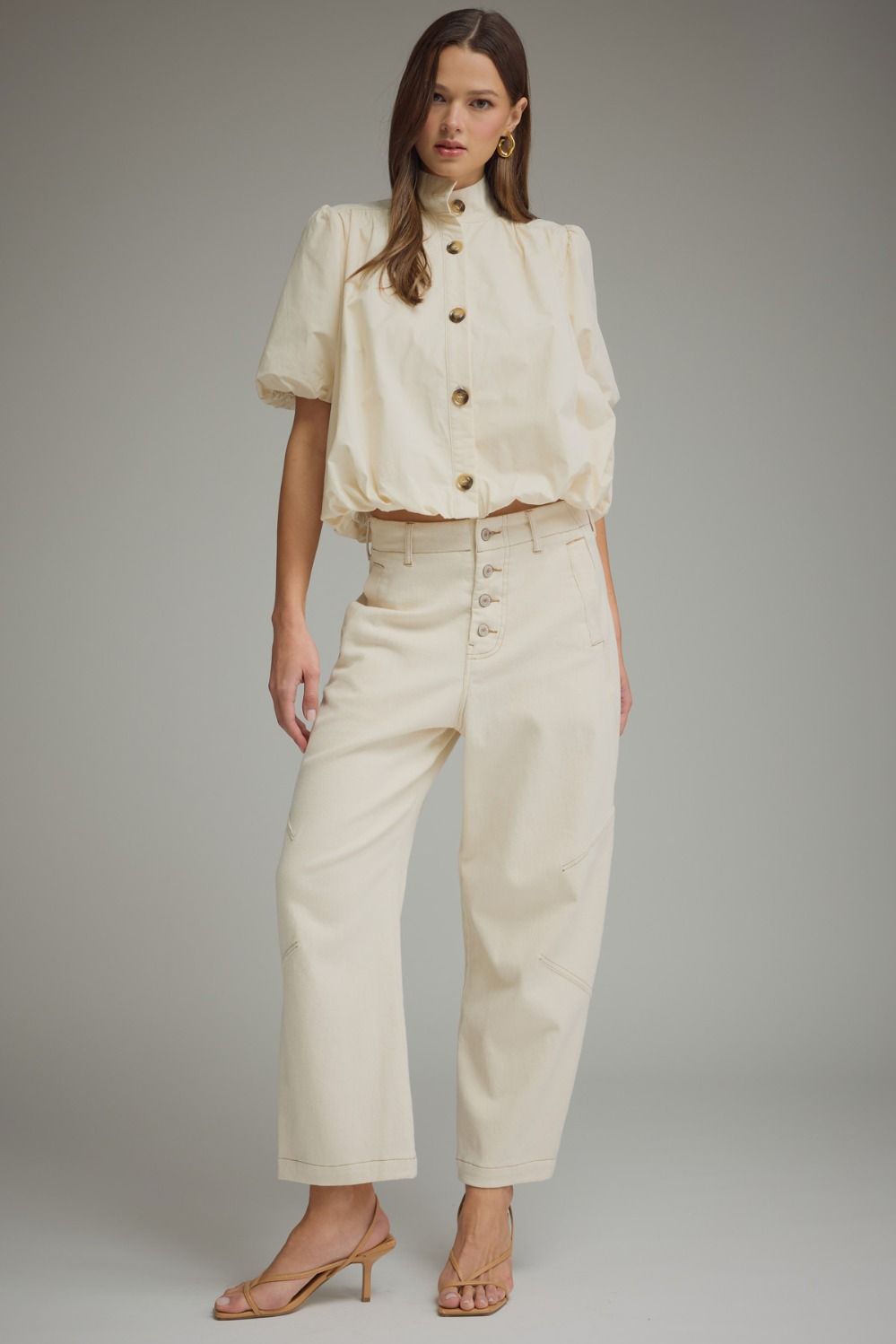Entro-Solid short puff sleeve top-Ecru