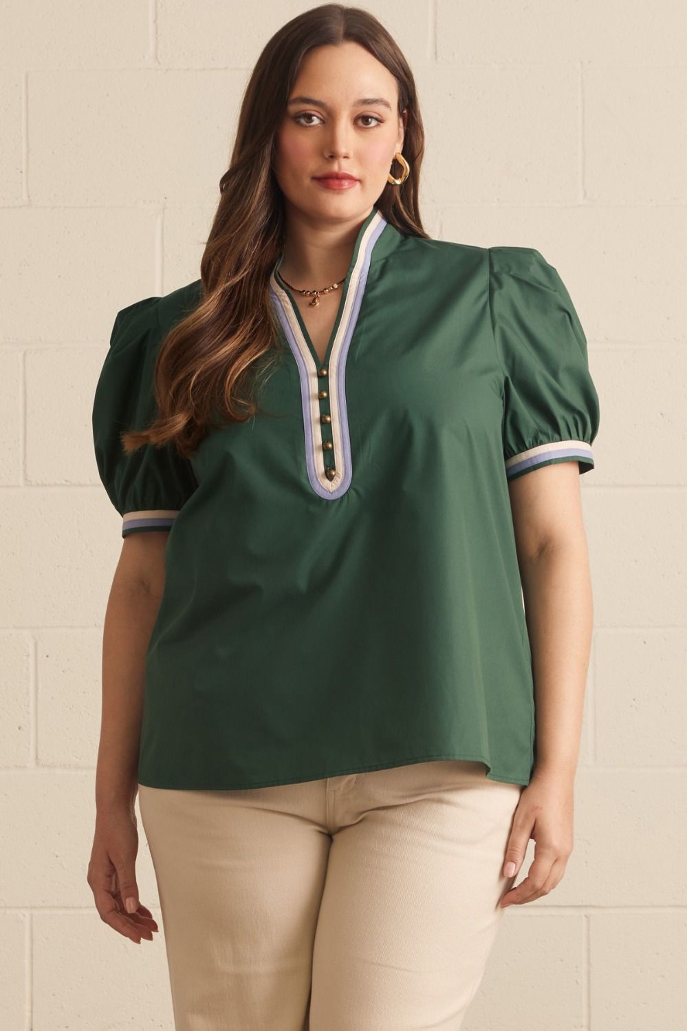 Entro-Plus Size-Solid short puff sleeve top -Hunter Green