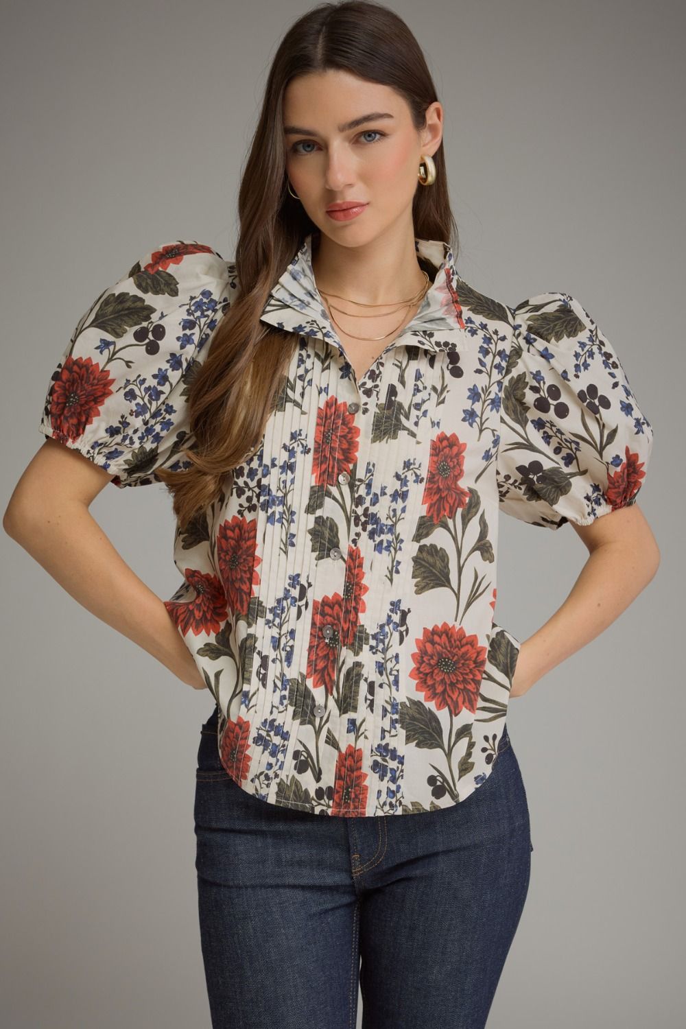 Entro-Floral short puff sleeve top-Ecru