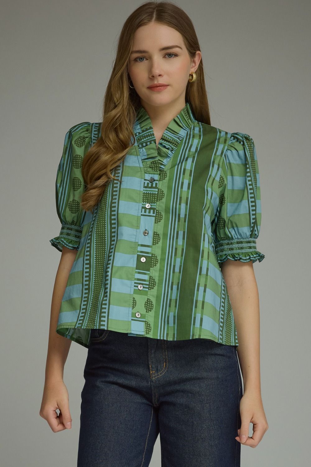 Entro-Mixed Print Short Sleeve Top with Ruffle Neck Detail in Olive