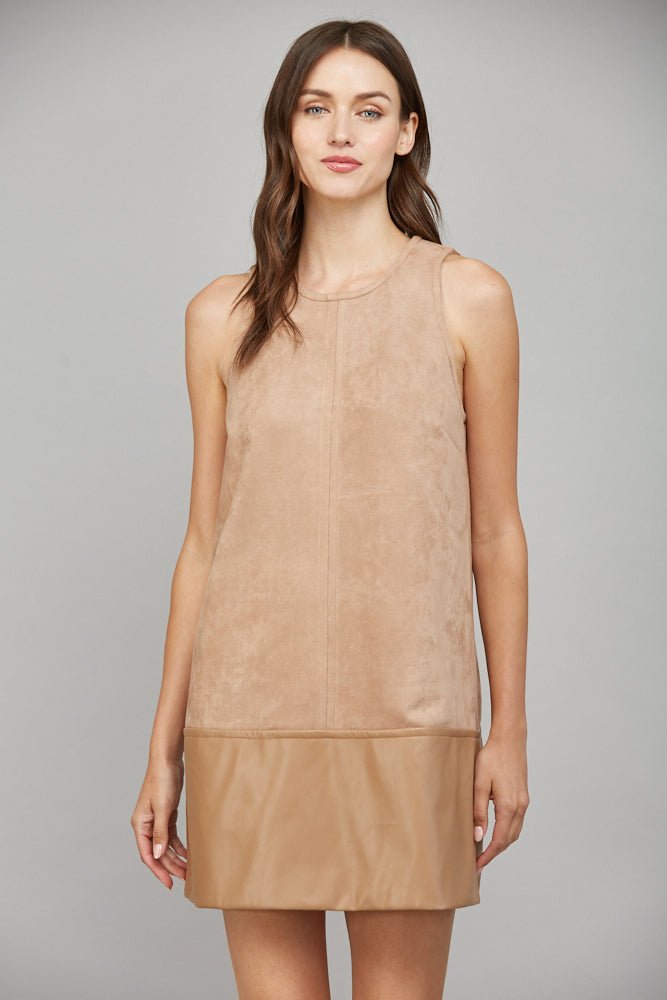 Fate - CONTRAST FAUX LEATHER HEM SLVL SUEDE SHIFT DRESS - Camel - From Me To You