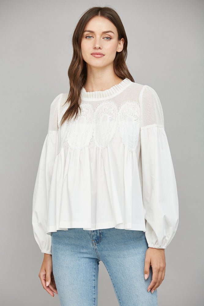 Fate LACE APPLIQUE DETAIL MIXED MEDIA LONG SLV BLOUSE - Off Wh - From Me To You