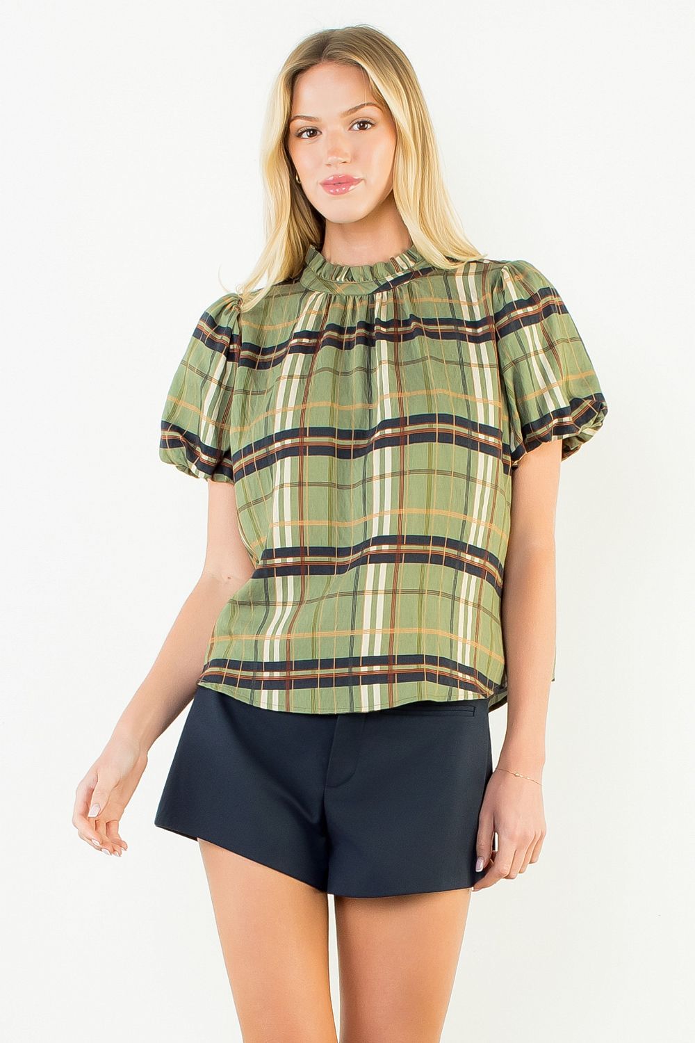 THML  Ruffled Neck Plaid Top-Olive