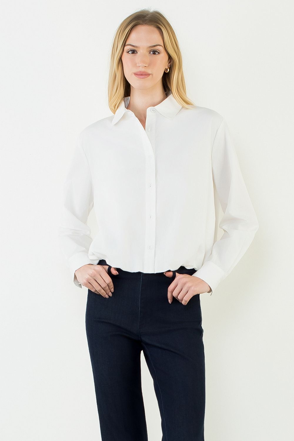 THML- Long Sleeve Cinched Button Down Top-White