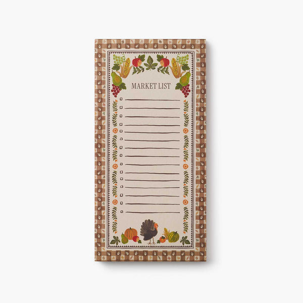 Harvest Gingham Market Pad by Rifle Paper Co., a notepad with fall produce, turkey, and gingham border for shopping lists.