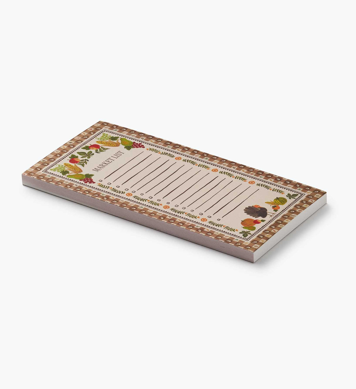 Harvest Gingham Market Pad from Rifle Paper Co. with a vintage-inspired design featuring autumn fruits and a turkey.