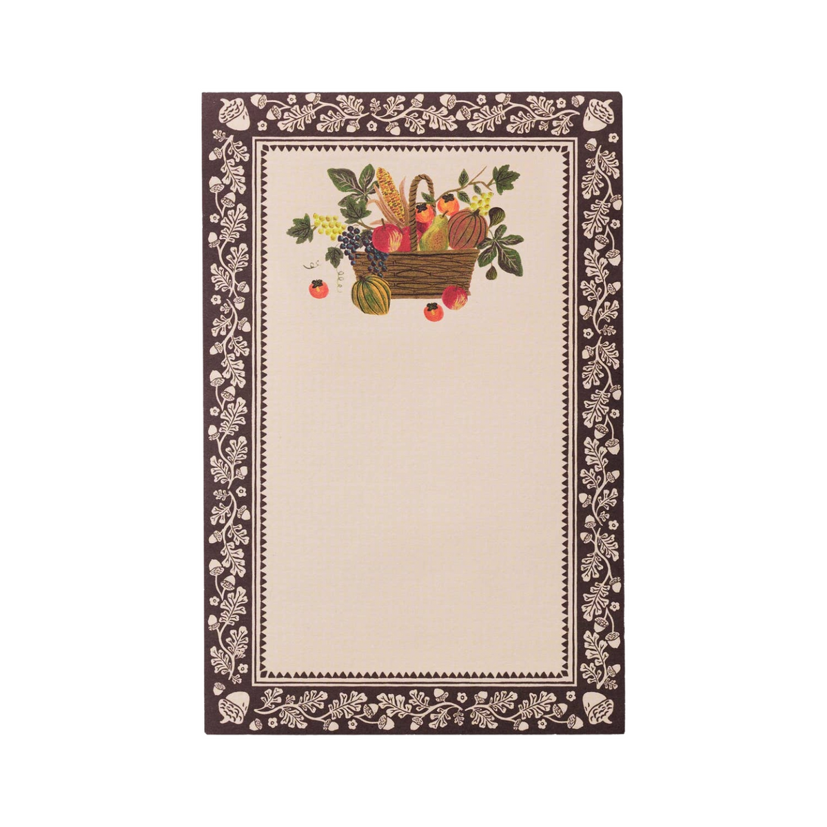 Harvest Notepad by Rifle Paper Co. featuring a basket of autumn fruits, vegetables, and corn, framed by an acorn border.