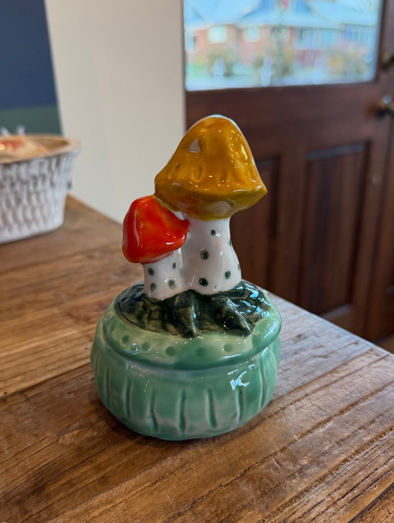 Hazel Mazel 3 - 1/2"Rd x 5"H Stoneware Container w Mushrooms & Lid - From Me To You