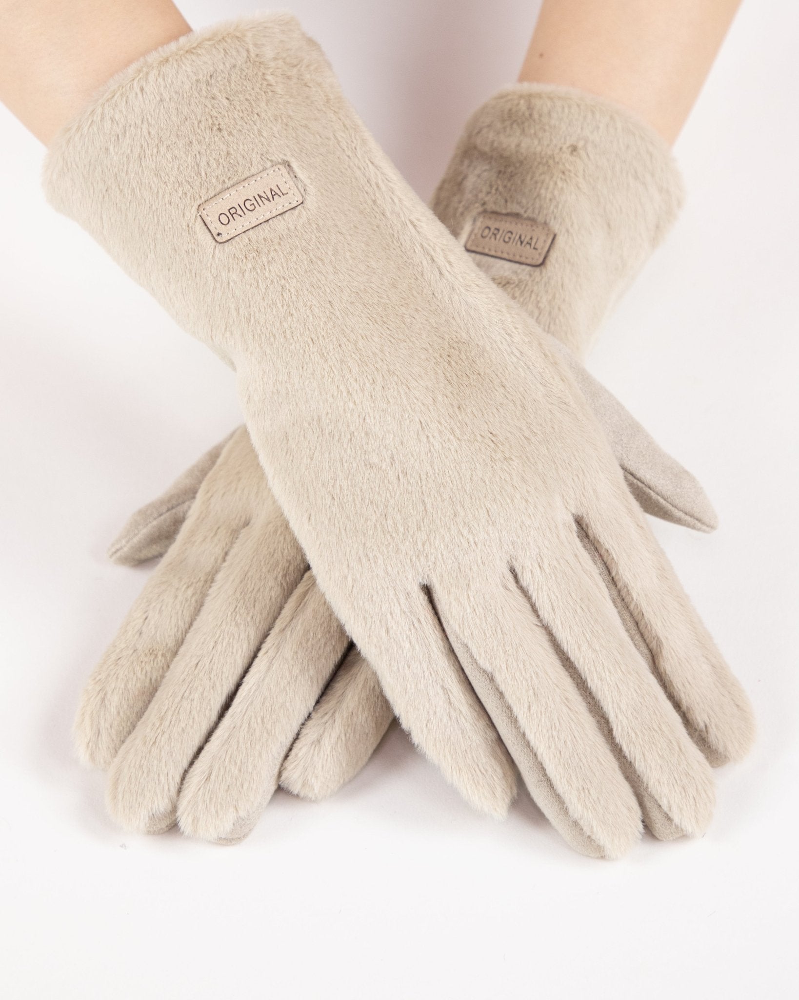IScarf Soft Faux Fur Logo Gloves - BEIGE - From Me To You