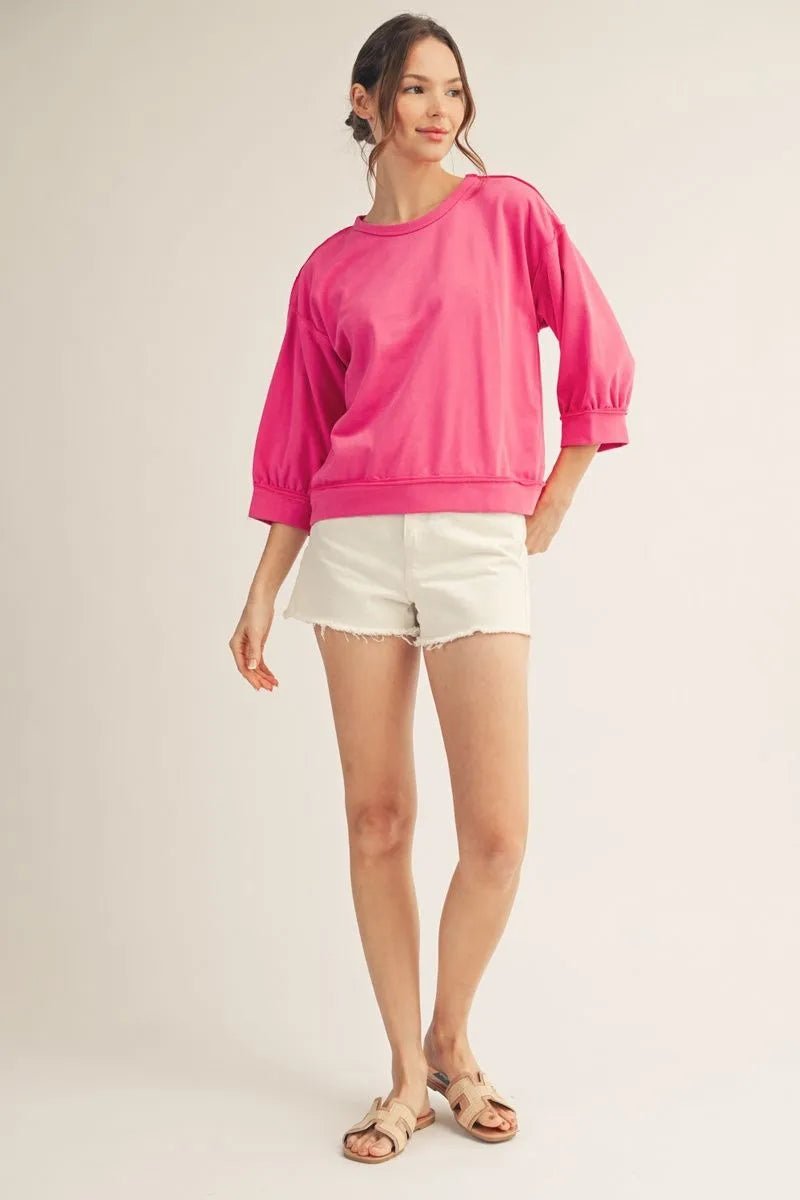 JODIFL 3/4 sleeves washed fabric casual top - FUCHSIA - From Me To You
