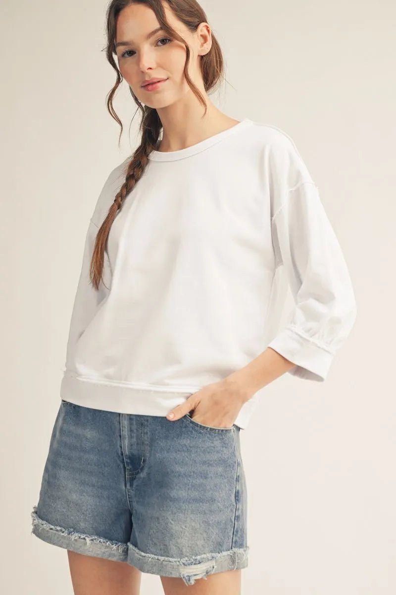 JODIFL 3/4 sleeves washed fabric casual top - WHITE - From Me To You